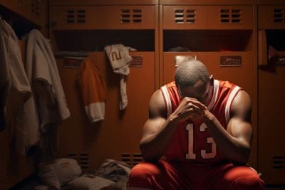 A basketball player sitting on a bench, tying his shoe in a locker room.