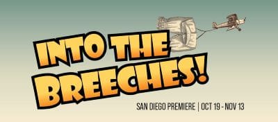 Promotional banner with bold text and a stone statue for a San Diego premiere.