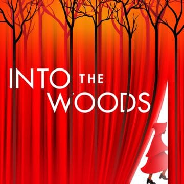 A stylized poster for 'Into the Woods' with red trees and a figure in a red cloak.