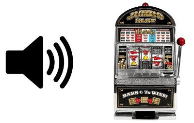 A classic slot machine with a sound icon beside it.