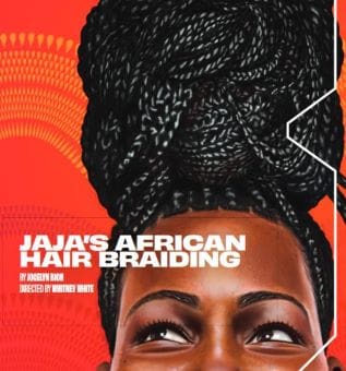 A woman with intricately braided hair against a vibrant orange background.