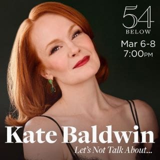 Portrait of actress Kate Baldwin with event details.
