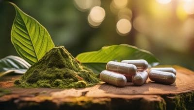 Herbal supplement capsules and green powder on a wooden surface with leaves.