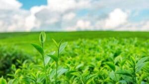 Close-up of young green plant shoots in a tea field under a cloudy sky.