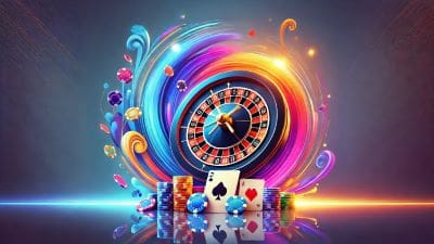 Colorful roulette wheel surrounded by vibrant swirling lights and poker chips.