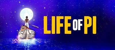 A vibrant poster for 'Life of Pi' with a boat and a tiger on a starry night.