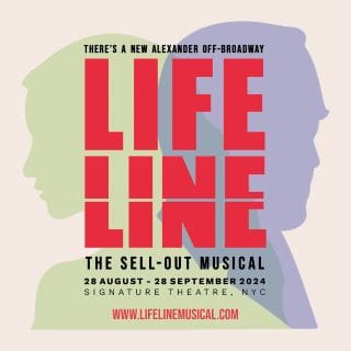 Poster for the musical 'Lifeline' with bold red text and a purple and green background.