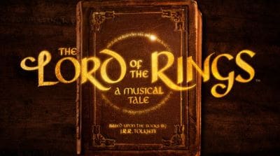 Logo of The Lord of the Rings musical with a magical, ancient book background.