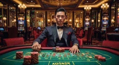 A well-dressed dealer managing chips at a casino table.