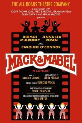 Poster for the film Mack & Mabel with stars and a film reel design.