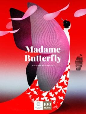 Stylized poster of Madame Butterfly with a red, pink, and black color palette.