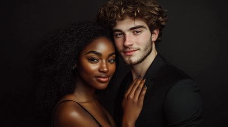 A close-up portrait of a diverse couple posing together against a dark background.