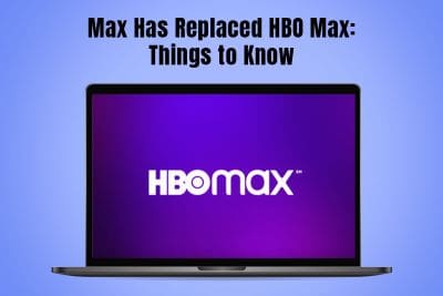 Laptop screen showing HBO Max logo with text about Max replacing HBO Max.