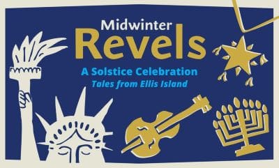 Midwinter Revels poster with musical and festive elements.