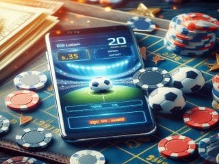 Smartphone displaying a football betting app surrounded by poker chips and a soccer ball.