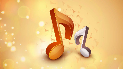3D musical notes in warm and cool tones with floating musical symbols.