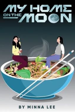Two women sitting in a giant steaming bowl of noodles with chopsticks.