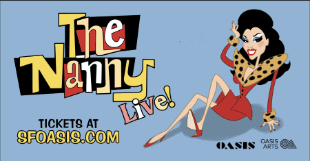 Cartoon woman in red dress posing beside colorful 'The Funny Live!' text.