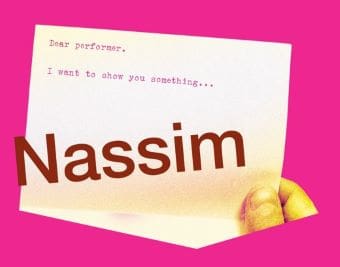 A card with 'Nassim' and a message about performance on a pink background.