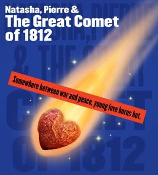 A fiery comet with a heart-shaped core streaks across a blue sky.