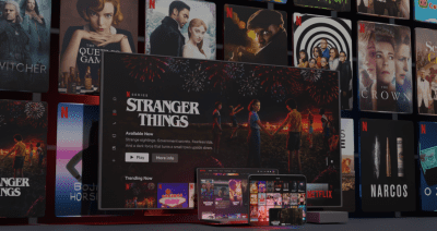 Stranger Things series displayed on a screen with related content below.