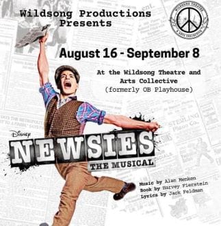 Poster for the musical 'Newsies' featuring a young man holding a newspaper.