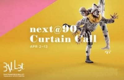 A promotional image featuring a dancing cat for the Next@90 Curtain Call event.