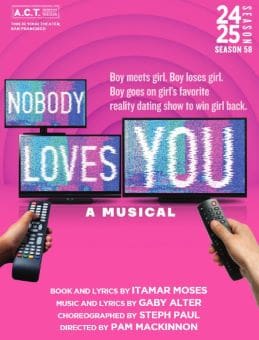 Poster for the musical 'Nobody Loves You' featuring neon signs and a cityscape.