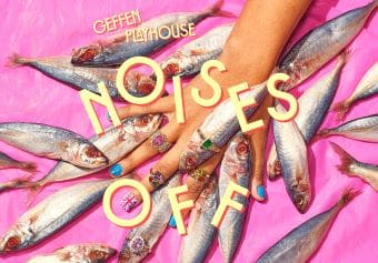 Colorful fish and bold text reading 'Noises Off' on a vibrant pink background.