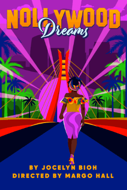 A vibrant digital art of a woman walking on a neon-lit bridge at night.