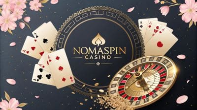 Casino-themed logo with playing cards and roulette wheel.