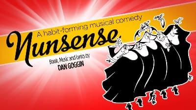 Poster for the musical comedy 'Nunsense' featuring playful nuns dancing.