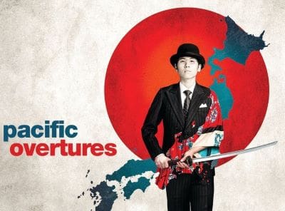 A man in traditional attire stands with a samurai sword against a red sun and map of Japan.