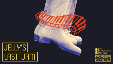 White boots with a red decorative cage around the ankle.