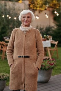 Elegant elderly woman in a cozy brown coat, standing outdoors with a warm smile.