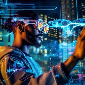 Futuristic man in VR headset interacts with holographic interface in neon city.
