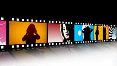 A film strip with three colorful portrait frames against a gradient background.