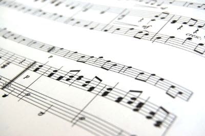 Close-up of printed musical notes on sheet music.