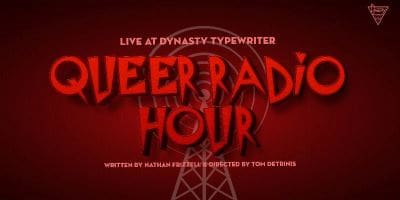 Podcast cover for Queer Radio Hour with red text and spider web design.