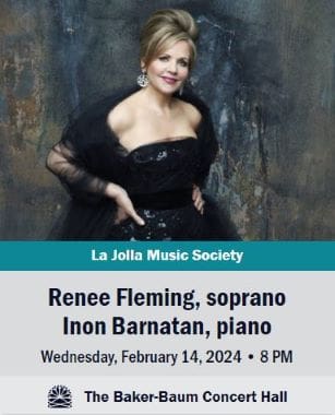 Concert poster featuring Renee Monaco and Inon Barnatan for a La Jolla Music Society event.