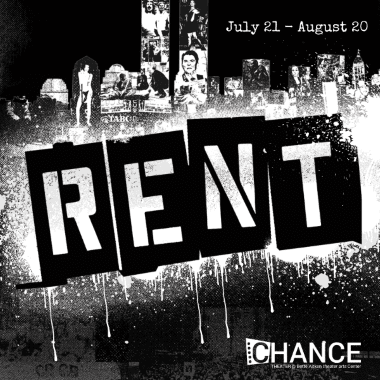 Black and white poster for the musical RENT at Chance Theater.