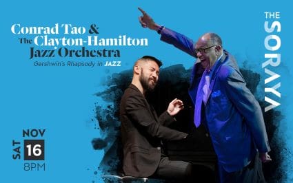Jazz musicians playing piano and conducting with passion on blue background.
