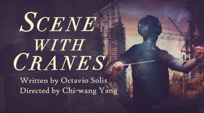 Poster for the play 'Scene with Cranes' featuring a silhouette and cityscape.