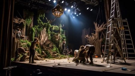 Actors perform a dramatic forest scene on stage with moody lighting.