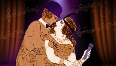 Vintage illustration of a couple in romantic embrace from the early 20th century.