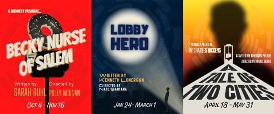 A poster for the play "Lobby Hero" with a silhouetted figure and bold text.