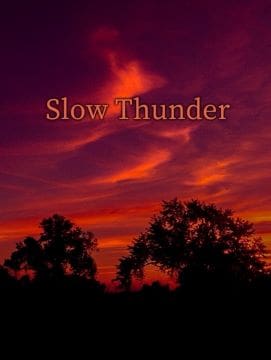 Fiery sunset sky with silhouettes of trees and the words 'Slow Thunder'.