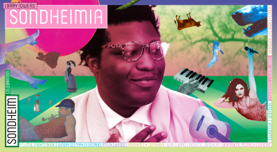 A man smiling with a colorful, surreal background including a piano and a deer.