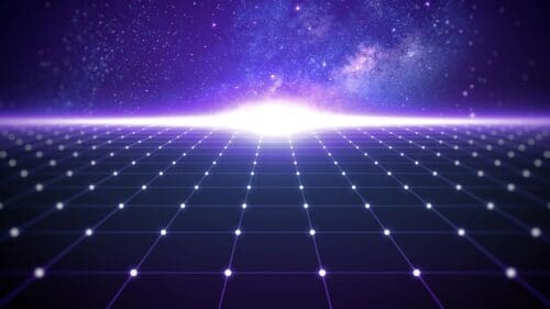 Futuristic grid extending toward a bright cosmic horizon under a starry sky.