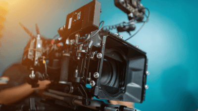 Professional film camera with lens and matte box setup.